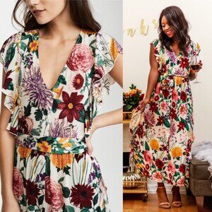Free People Dana V-Neck Boho Ruffle Flutter Sleeve Floral Maxi Dress size Small